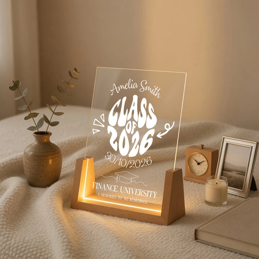 Personalized acrylic lamp with class of 2026 name design on desk warm LED glow front view - Jollimate