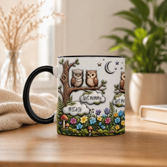 Personalized owl family mug with black handle and inner color floral design front view - Jollimate