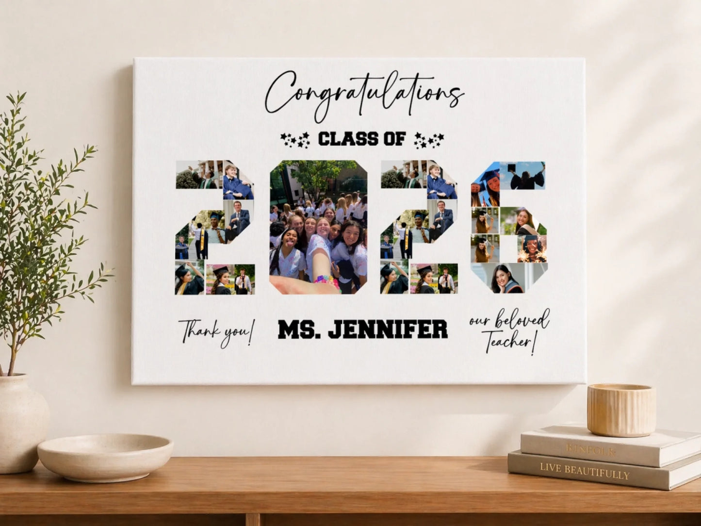 Personalized teacher canvas with class of photo collage design on white background front view - Jollimate
