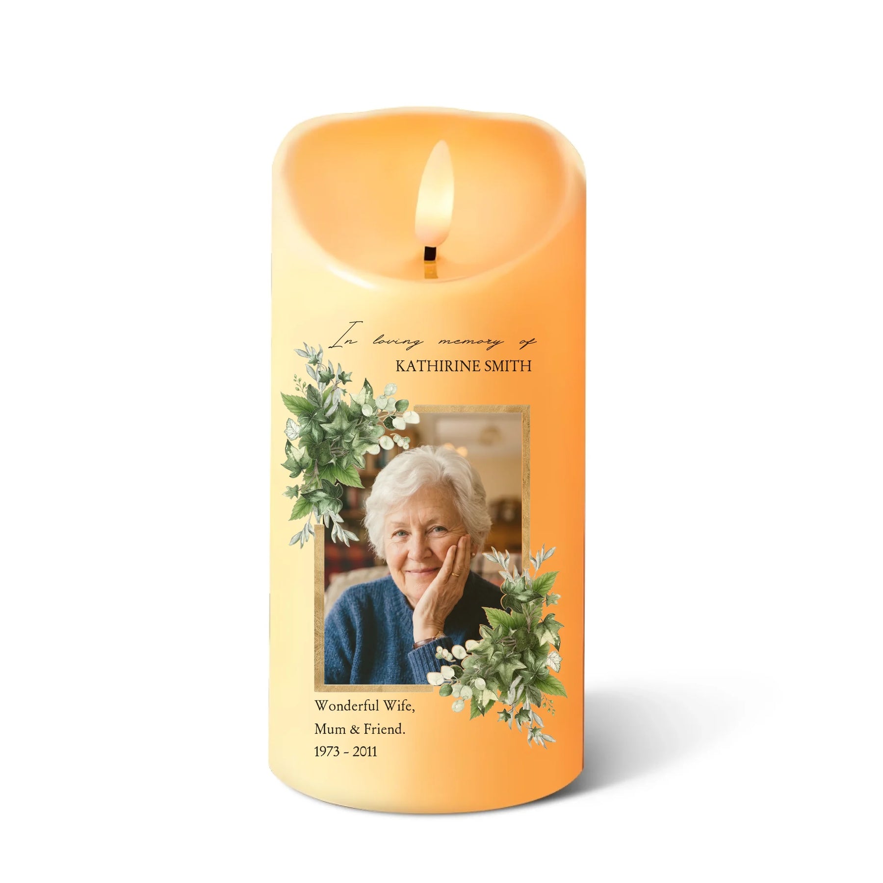Personalized memorial candle LED light in ivory with photo and You Are The Light quote table view - Jollimate