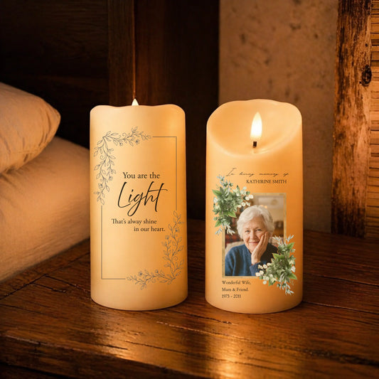 Personalized memorial candle LED light in ivory with photo and You Are The Light quote table view - Jollimate