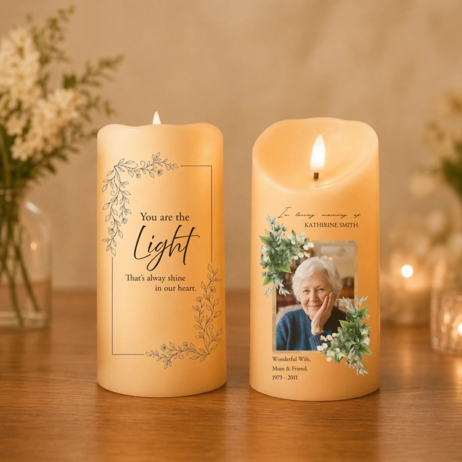 Personalized memorial candle LED light in ivory with photo and You Are The Light quote table view - Jollimate