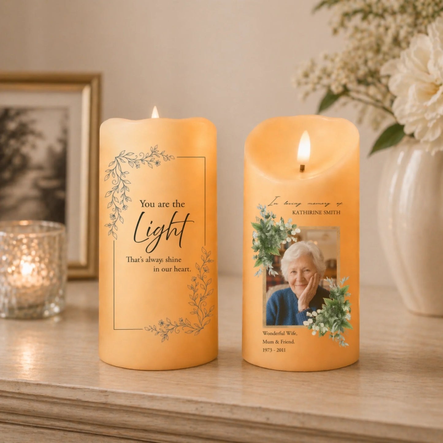Personalized memorial candle LED light in ivory with photo and You Are The Light quote table view - Jollimate
