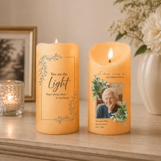 Personalized memorial candle LED light in ivory with photo and You Are The Light quote table view - Jollimate