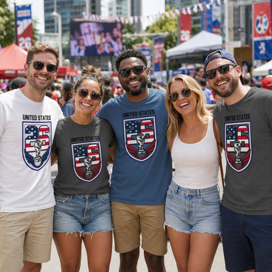 Five friends wearing 'United States' themed t-shirts at a sports event.