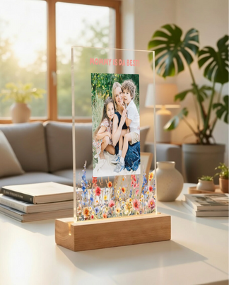 Custom clear acrylic plaque with mom photo and floral design front view - Jollimate