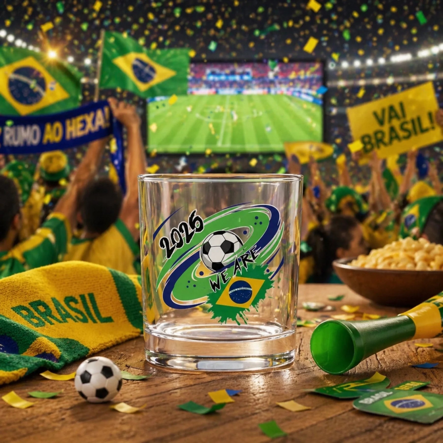 Personalized clear glass with 2026 soccer custom flag and color line design front view - Jollimate
