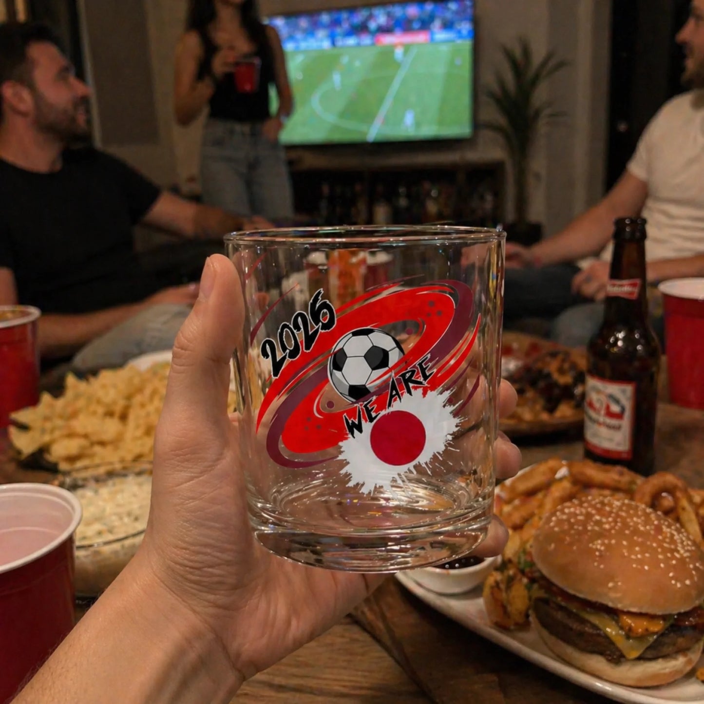 Personalized clear glass with 2026 soccer custom flag and color line design front view - Jollimate