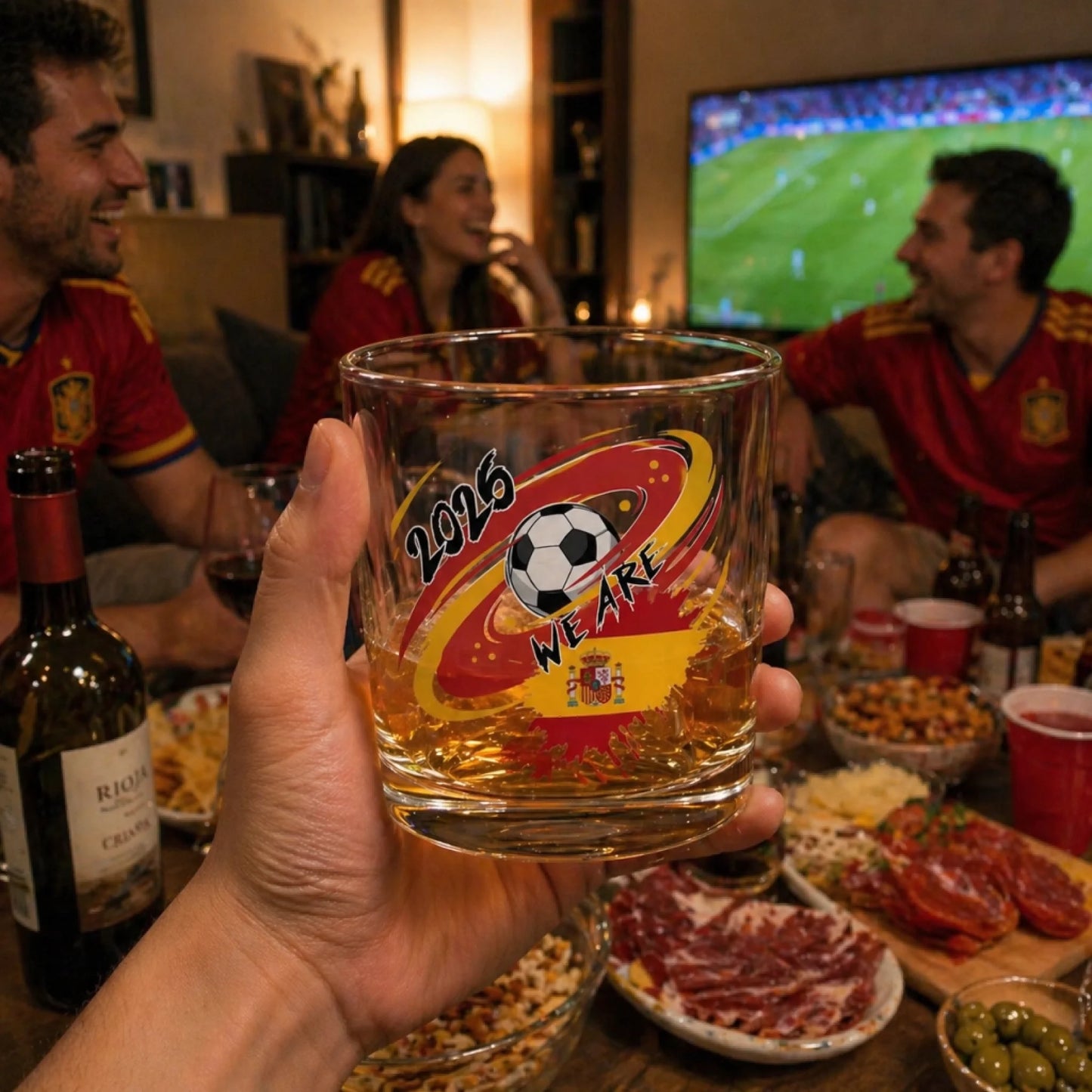 Personalized clear glass with 2026 soccer custom flag and color line design front view - Jollimate
