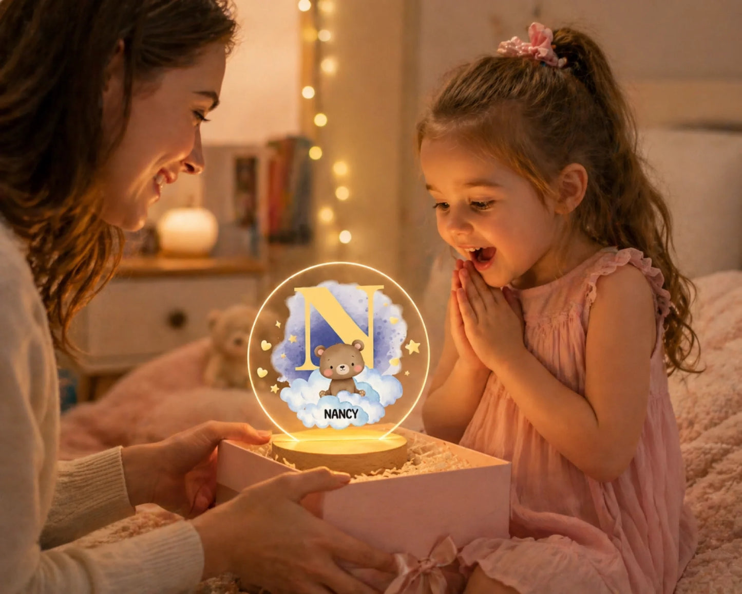 Personalized acrylic night light with fox cloud Nancy design glowing front view - Jollimate