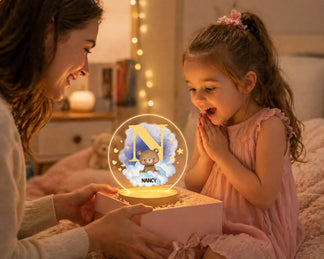 Personalized acrylic night light with fox cloud Nancy design glowing front view - Jollimate