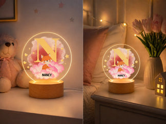 Personalized acrylic night light with fox cloud Nancy design glowing front view - Jollimate