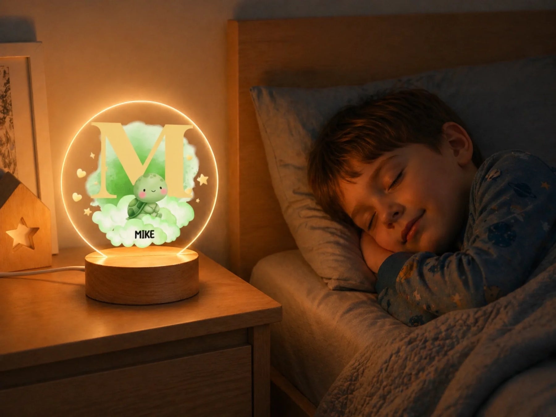 Personalized acrylic night light with fox cloud Nancy design glowing front view - Jollimate