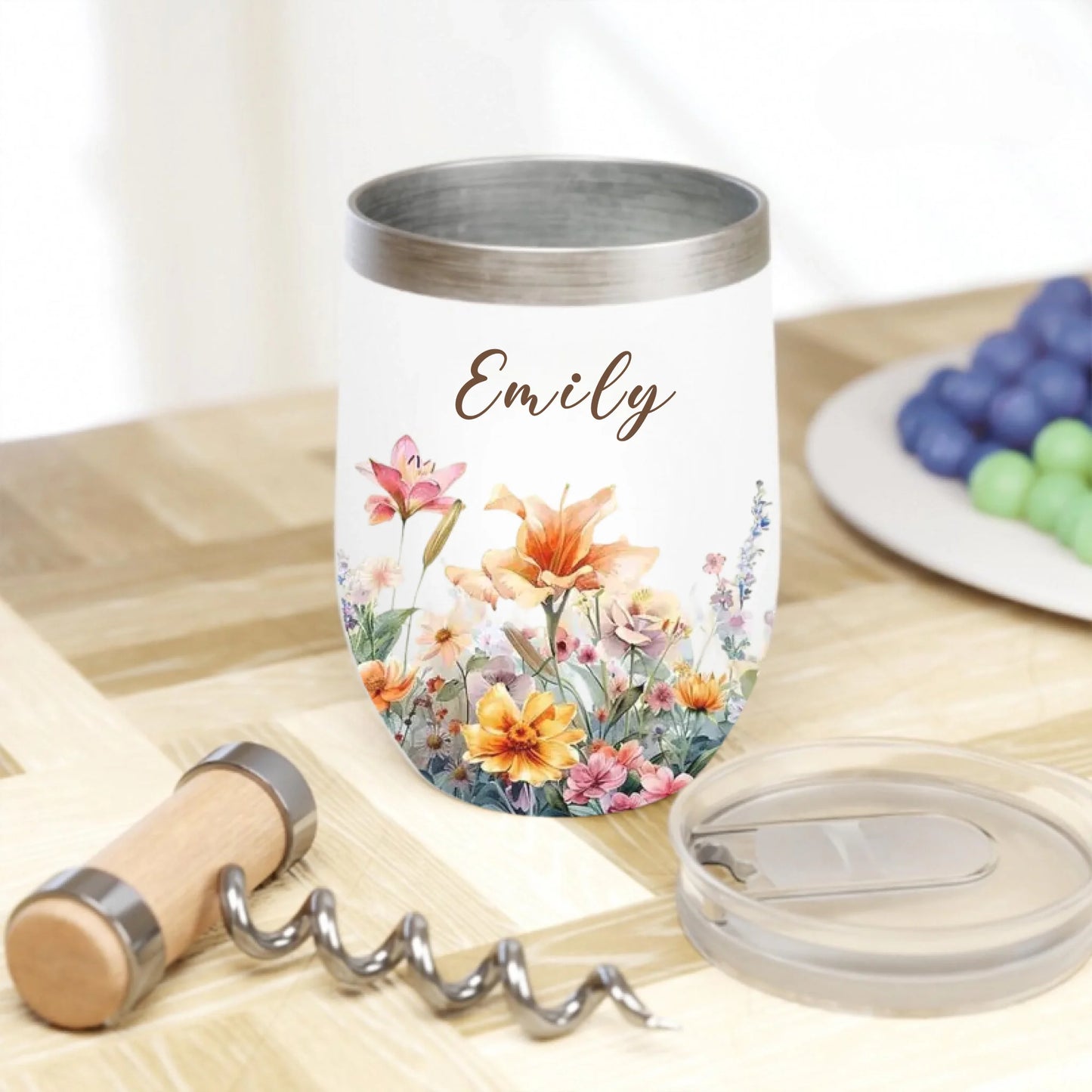 personalized floral tumbler with name emily fall background close up - Jollimate