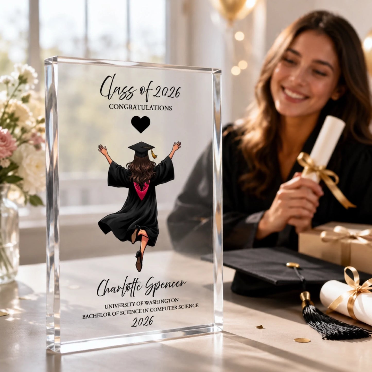 Personalized graduation acrylic plaque for Class of 2026 featuring a female graduate illustration, custom name, university, degree, and year, displayed on a graduation gift table.