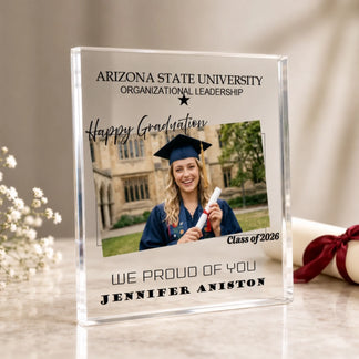 Personalized graduation acrylic plaque with custom graduate photo, university name, class of 2026, and student name
