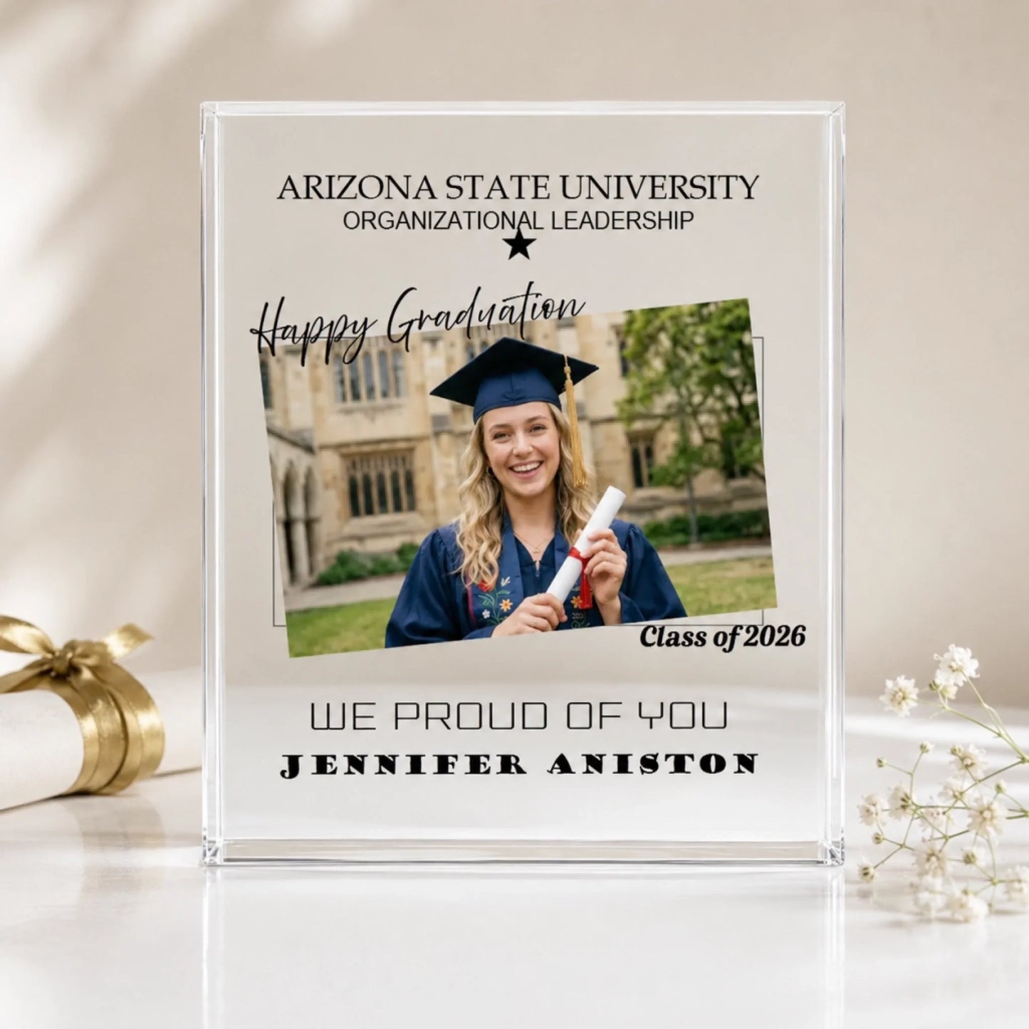 Personalized graduation acrylic plaque with custom graduate photo, university name, class of 2026, and student name