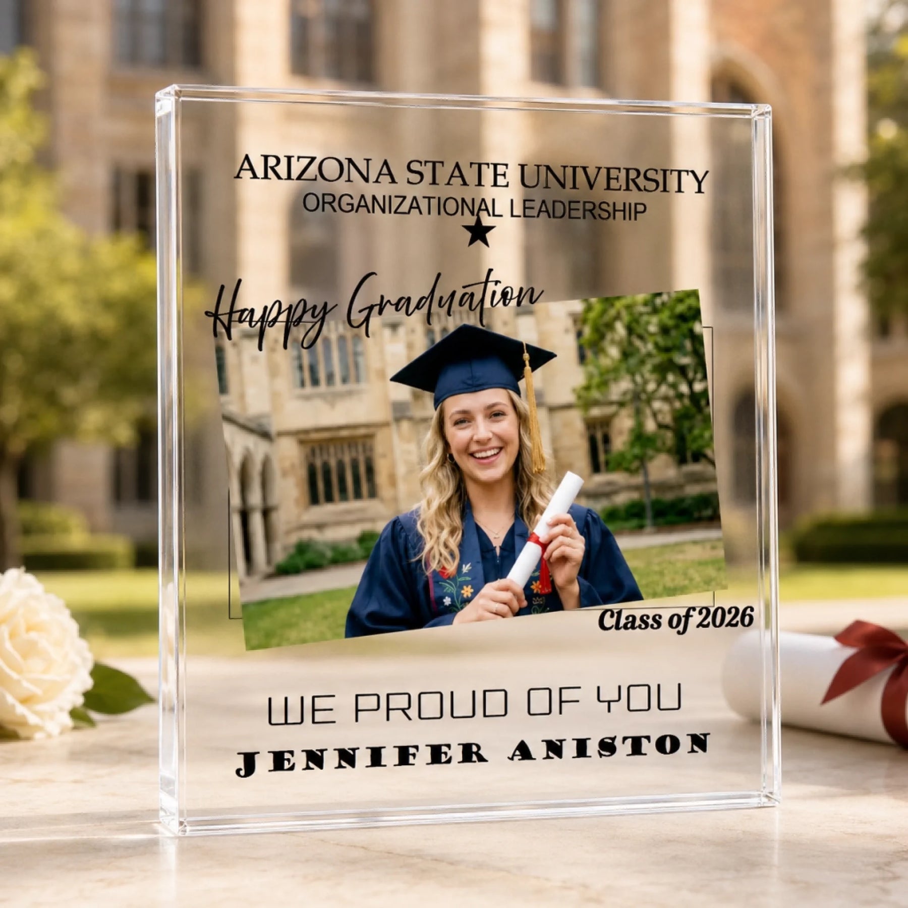 Personalized graduation acrylic plaque with custom graduate photo, university name, class of 2026, and student name