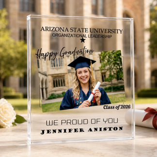 Personalized graduation acrylic plaque with custom graduate photo, university name, class of 2026, and student name