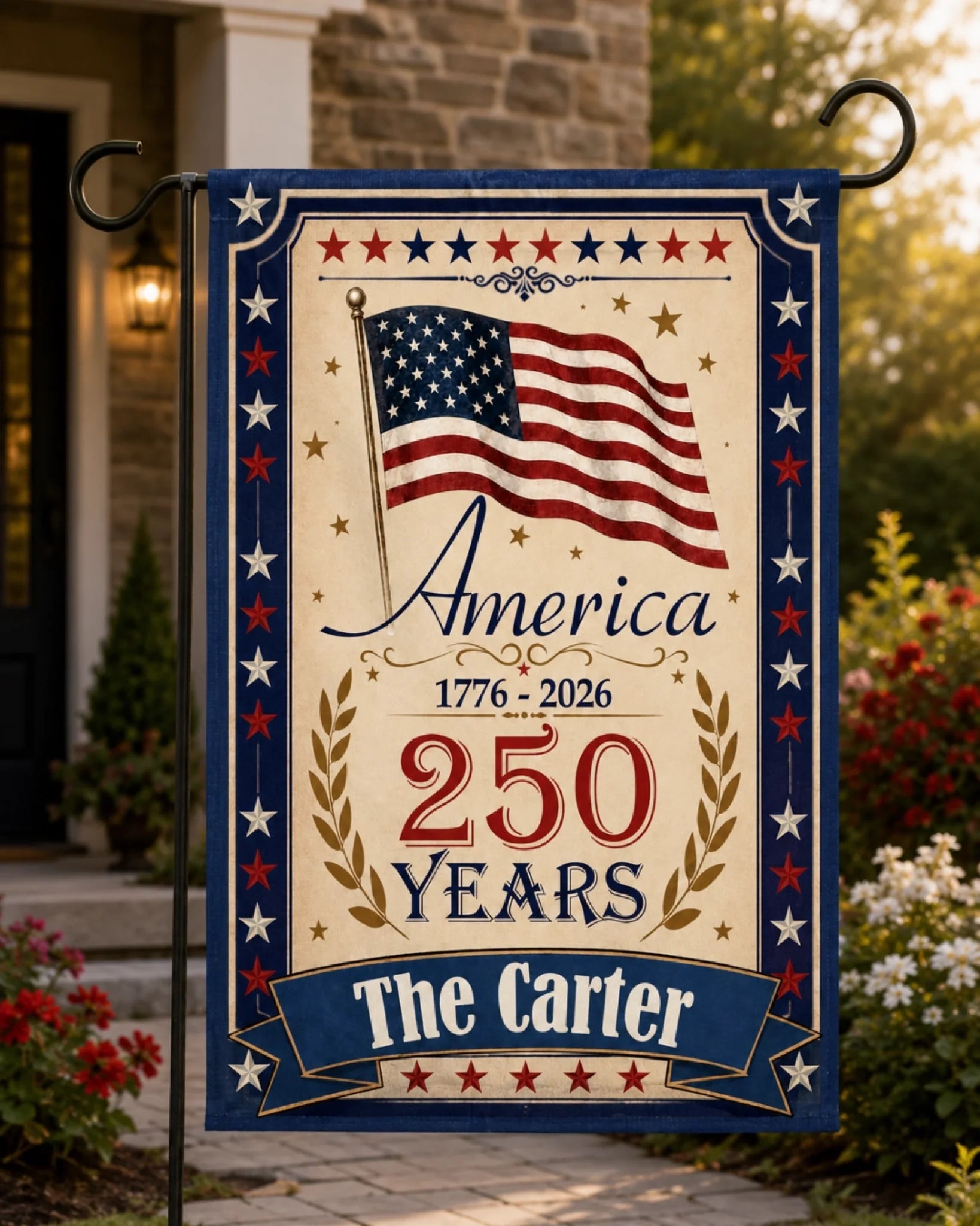 Decorative garden flag celebrating America's 250th anniversary with an American flag design.