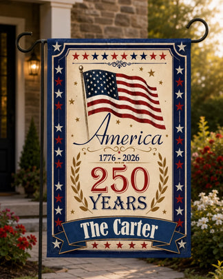 Decorative garden flag celebrating America's 250th anniversary with an American flag design.