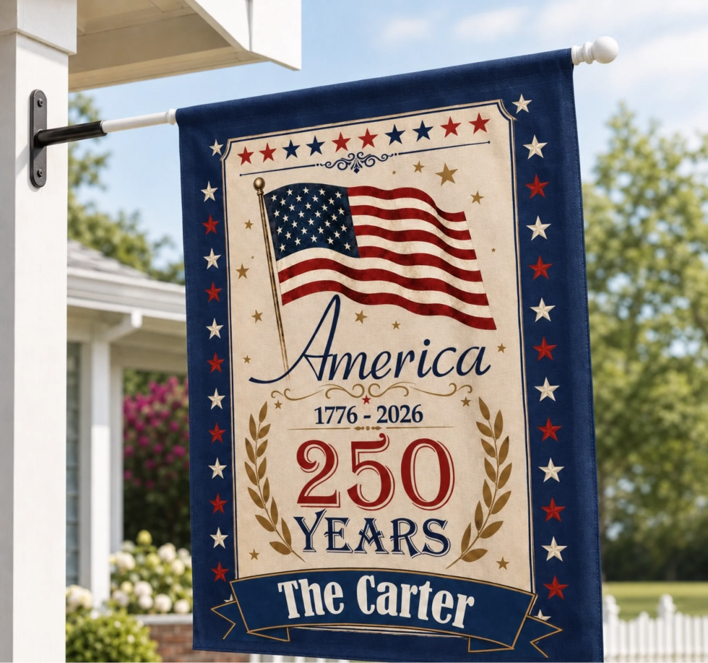 Decorative flag celebrating America's 250th anniversary with an American flag design, displayed outdoors.