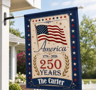 Decorative flag celebrating America's 250th anniversary with an American flag design, displayed outdoors.