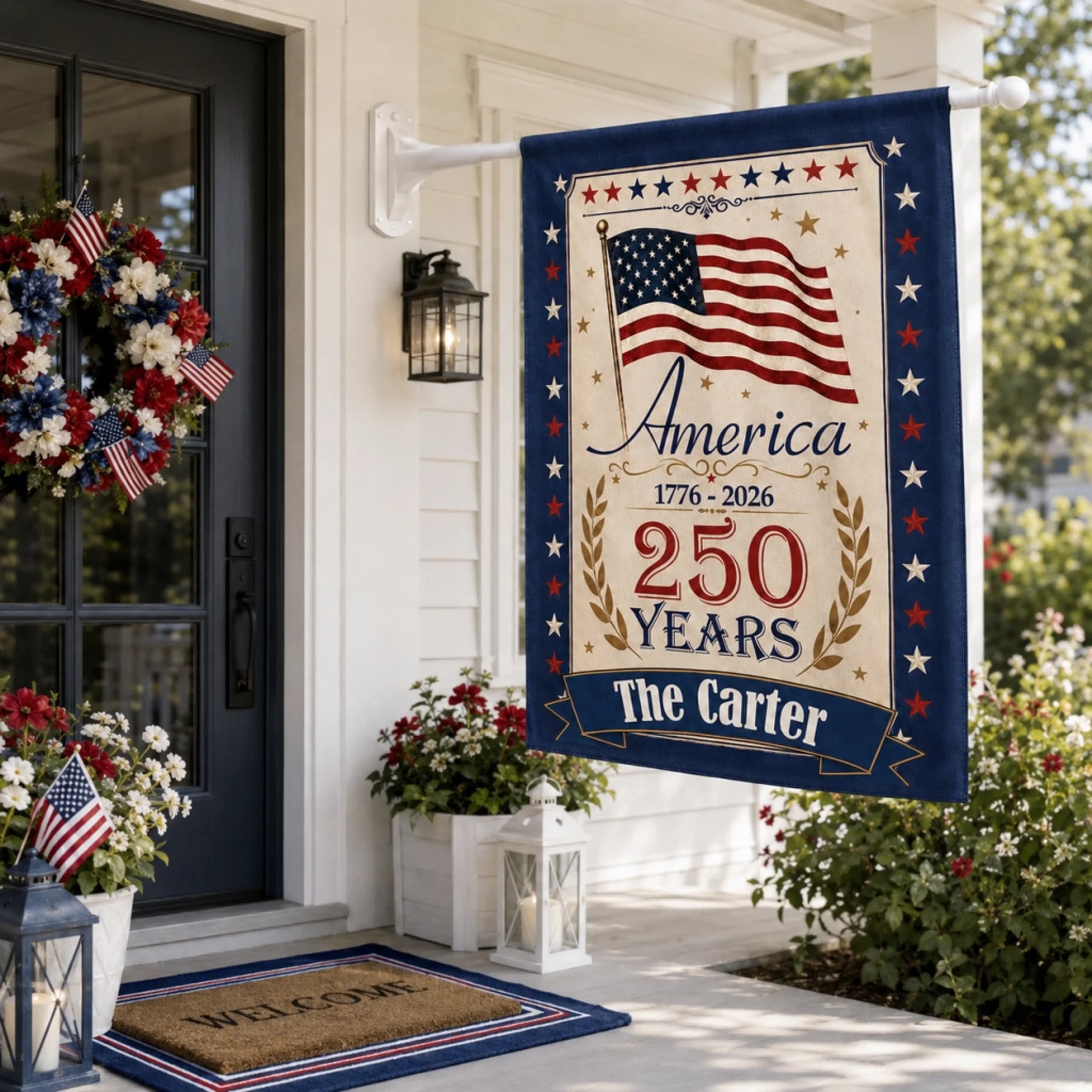 Decorative flag celebrating America's 250th anniversary on a porch with flowers and a doormat.
