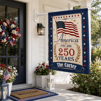 Decorative flag celebrating America's 250th anniversary on a porch with flowers and a doormat.