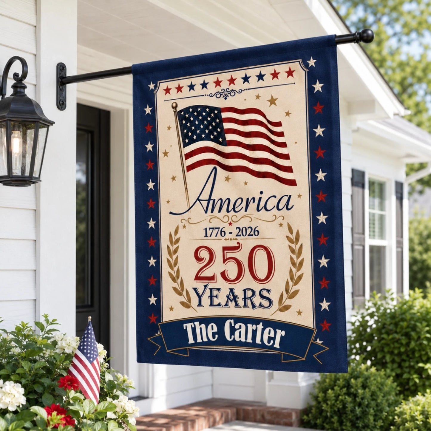 Decorative flag celebrating America's 250th anniversary on a house exterior.