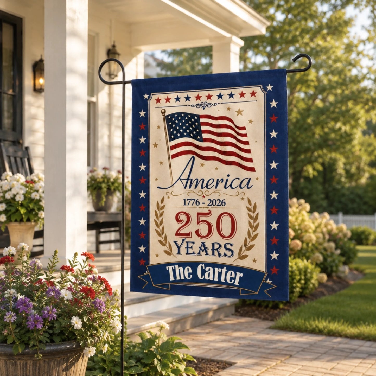 Decorative garden flag celebrating America's 250th anniversary in a garden setting.