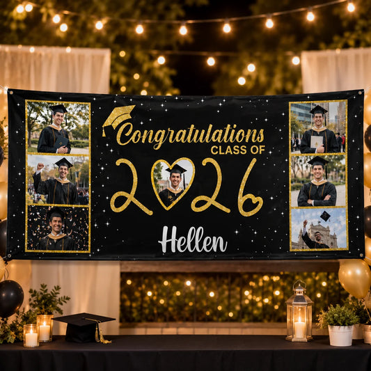Graduation Personalized Banner - Custom Photos & Name - Class Of 2026 Photo Collage Party Decor - Keepsake Gift For Graduate - Jollimate