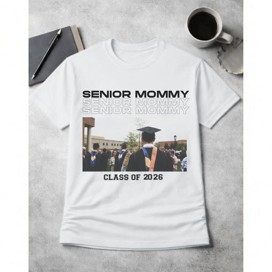 Personalized senior mommy t-shirt white with class of 2026 photo collage design front view - Jollimate