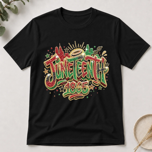 Black t-shirt with colorful 'Juneteenth 1865' design on a light gray background