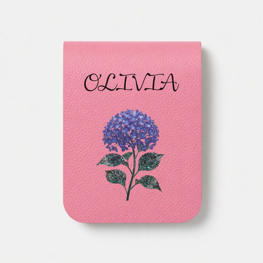 Personalized leather bookmark in pink with floral design and name Olivia front view - Jollimate
