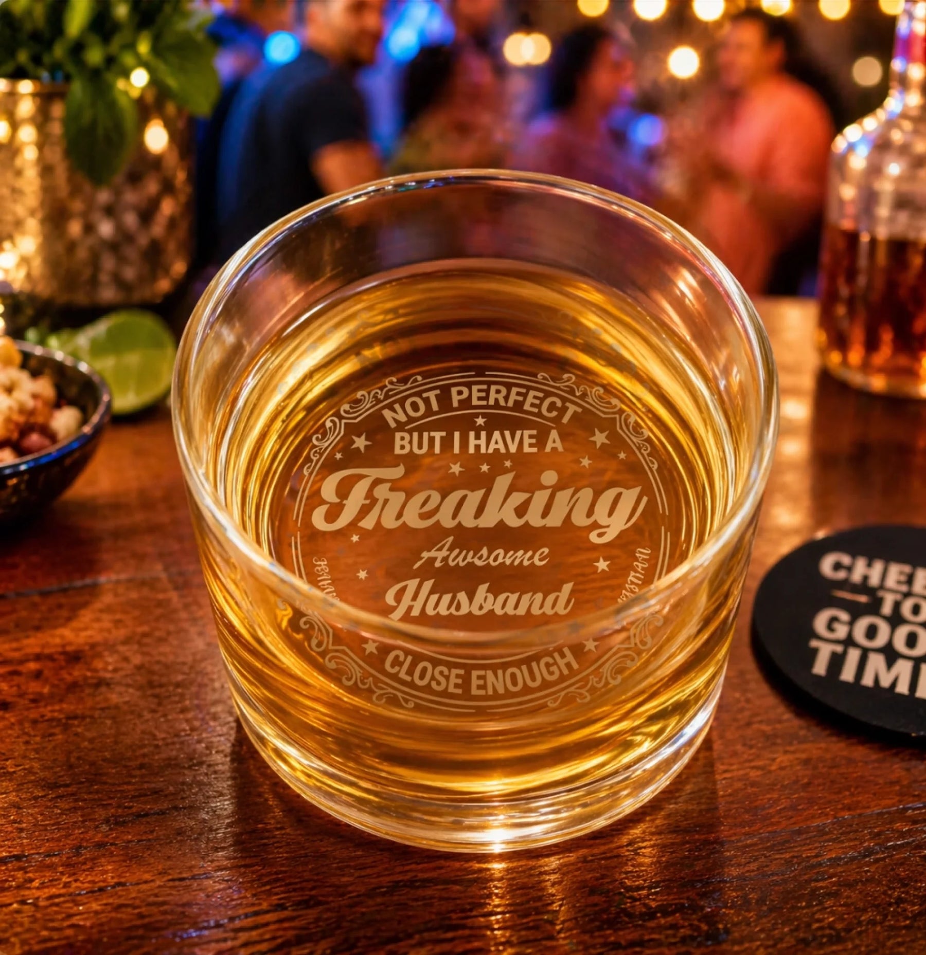 Personalized wine glass with funny husband quote design top view clear glass - Jollimate