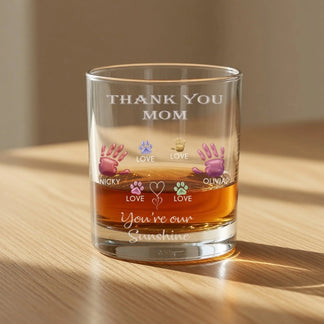 Personalized whiskey glass with thank you mom text and colorful family handprints front view - Jollimate