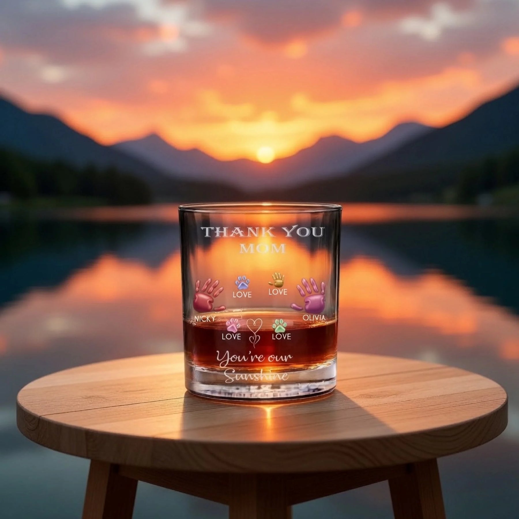 Personalized whiskey glass with thank you mom text and colorful family handprints front view - Jollimate