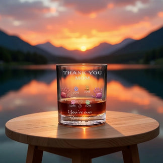 Personalized whiskey glass with thank you mom text and colorful family handprints front view - Jollimate
