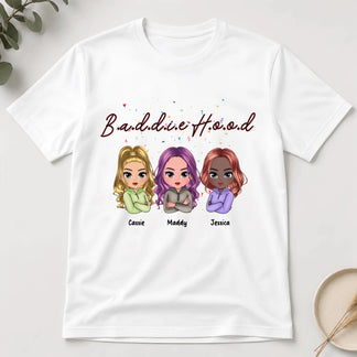 Personalized Best Friend T-Shirt Comfort Colors - Baddie Hood Custom Name Girl Squad Gift For Friends, Birthday Gift For Her