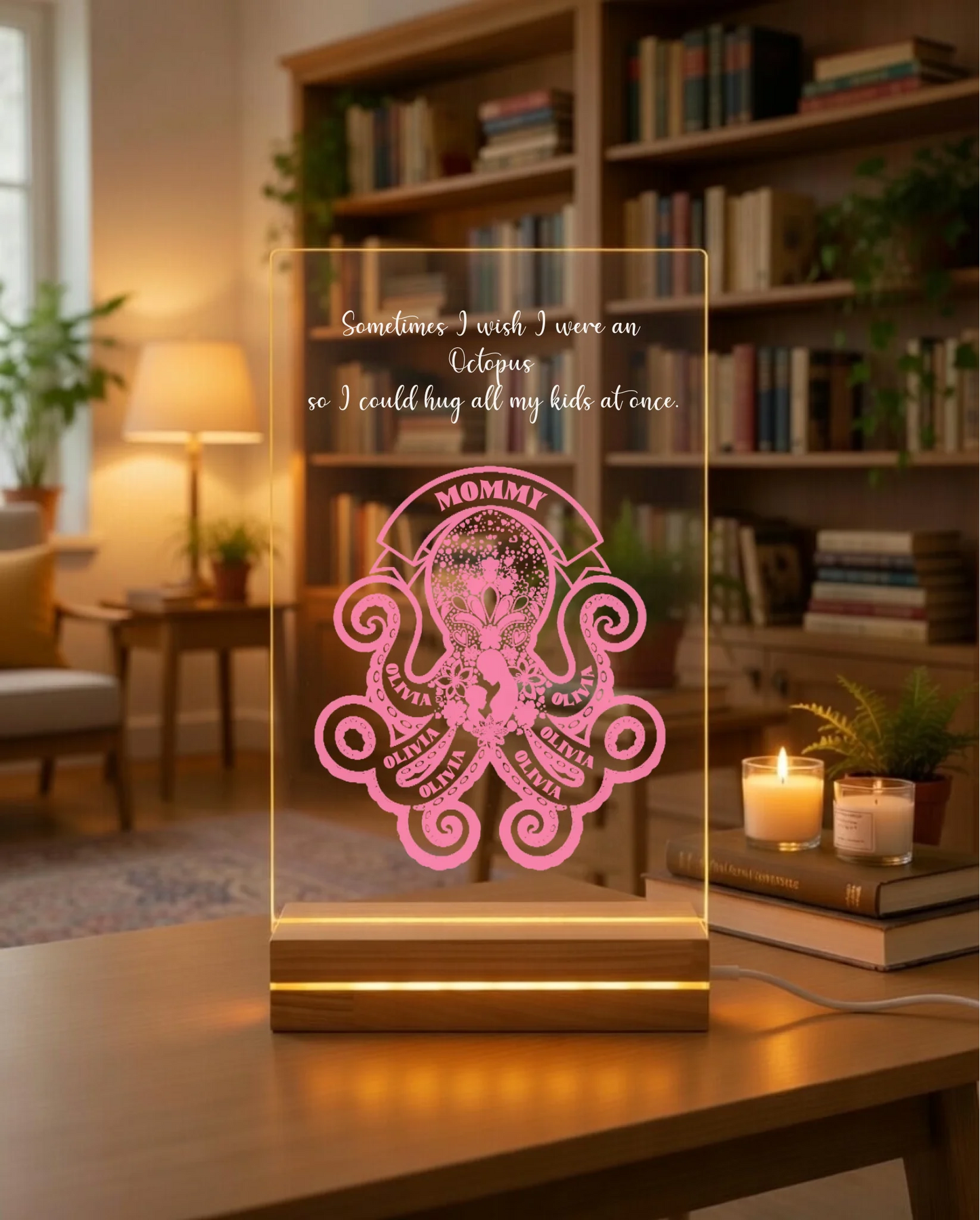 Personalized mom clear acrylic plaque pink octopus children names wood base front view - Jollimate