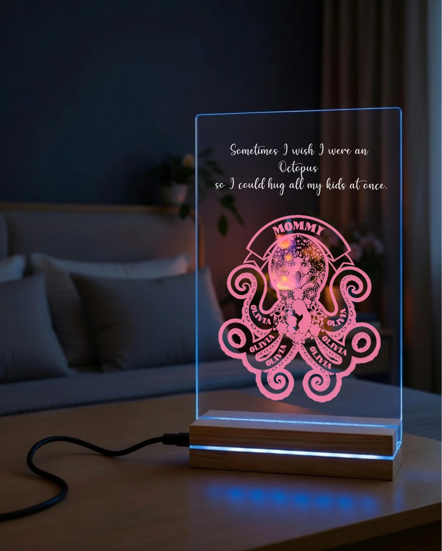 Personalized mom clear acrylic plaque pink octopus children names wood base front view - Jollimate