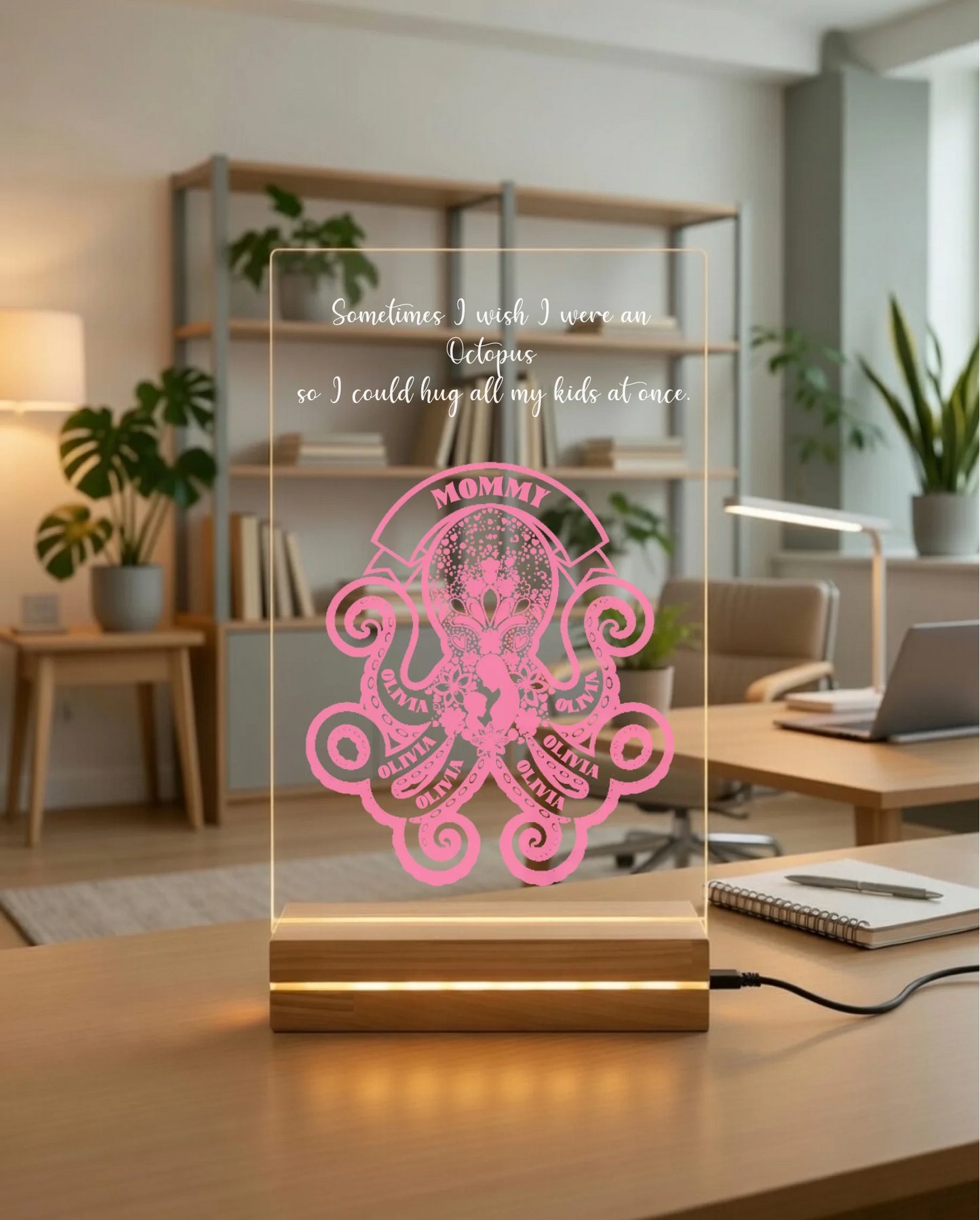 Personalized mom clear acrylic plaque pink octopus children names wood base front view - Jollimate