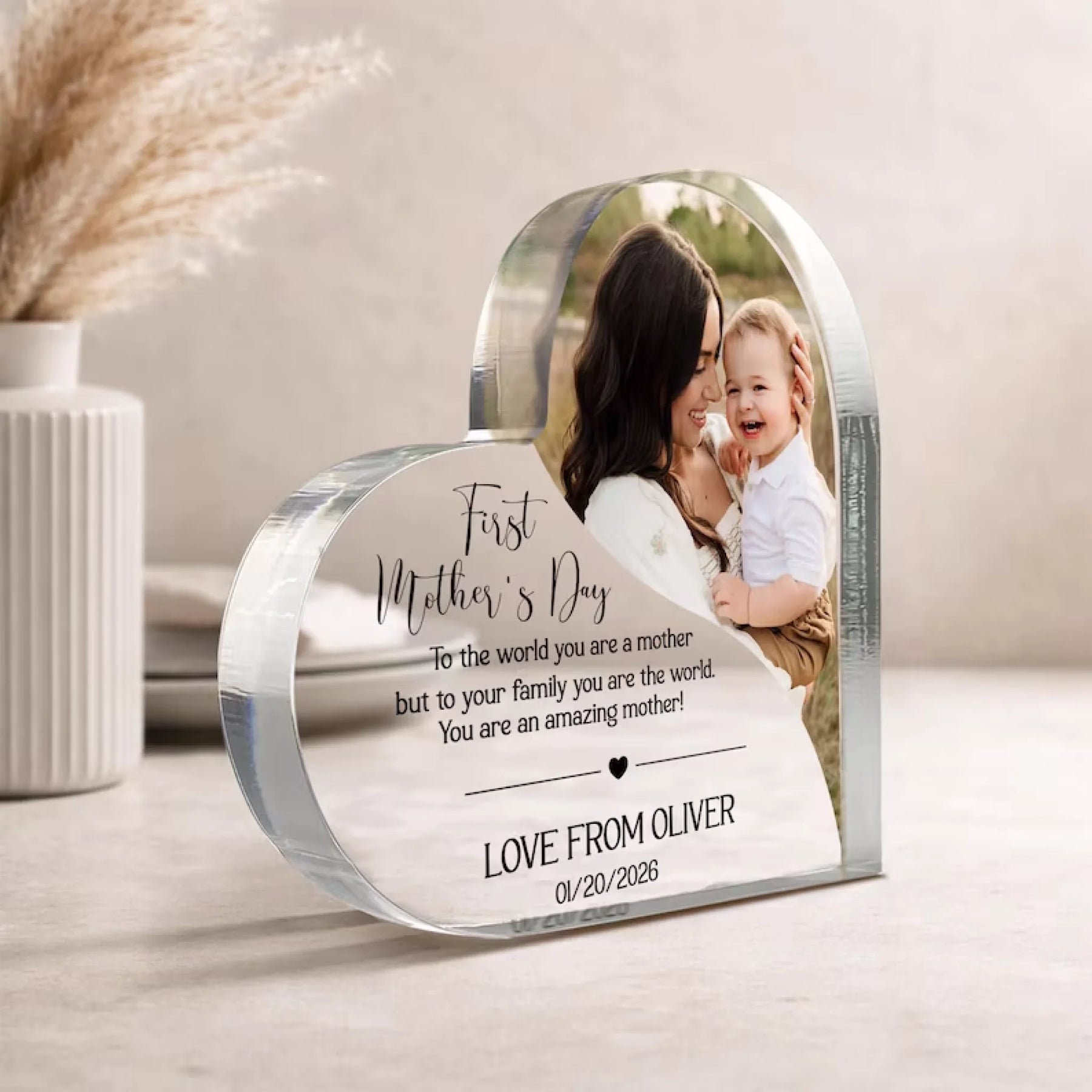 Personalized Mother's Day photo plaque with a photo of a mother and child, placed on a desk with office supplies and a plant.