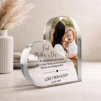 Personalized Mother's Day photo plaque with a photo of a mother and child, placed on a desk with office supplies and a plant.