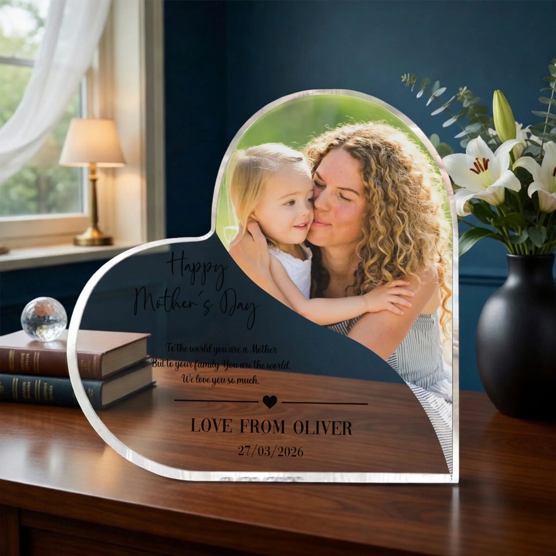 Personalized Mother's Day photo plaque with a photo of a mother and child, placed on a desk with office supplies and a plant.