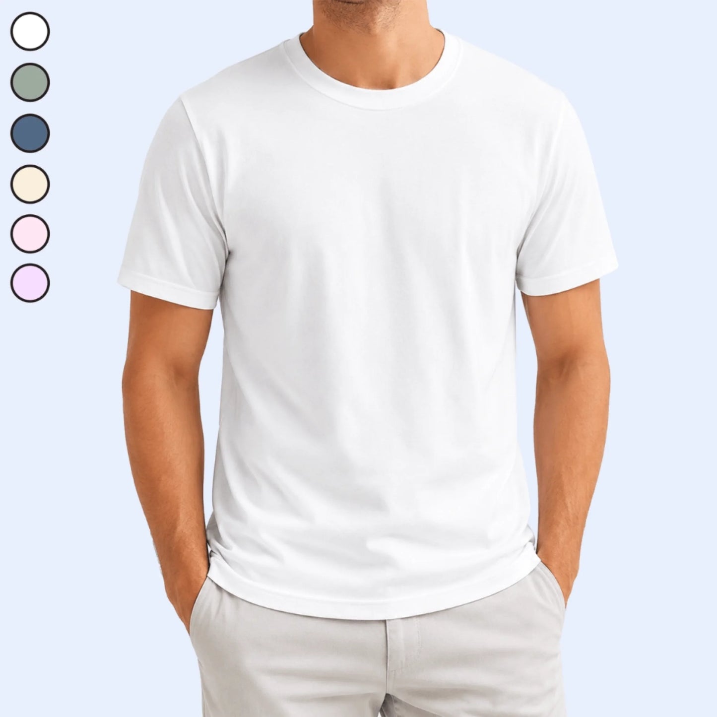 White t-shirt worn by a person with color swatches on a light blue background