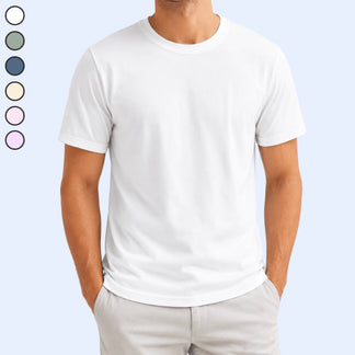 White t-shirt worn by a person with color swatches on a light blue background