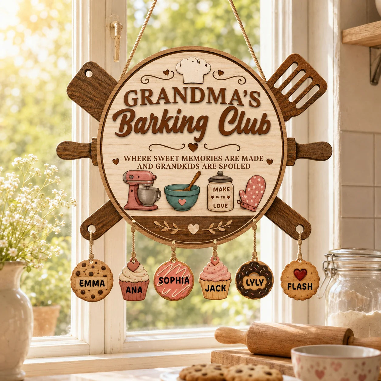 Decorative sign for 'Grandma's Barking Club' with names hanging below, in a kitchen setting.