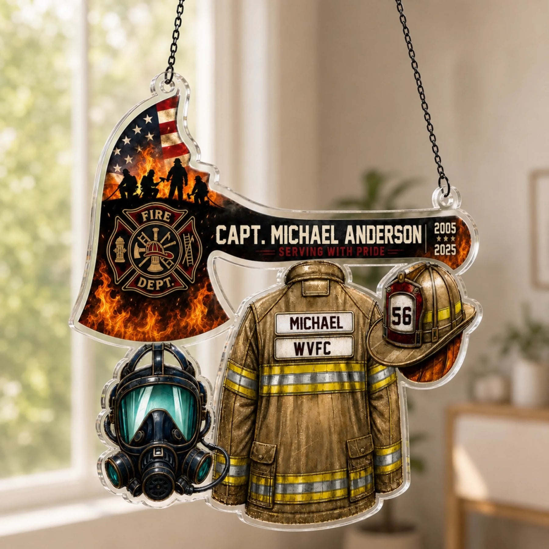 An acrylic hanging firefighter ornament shaped like an axe with an American flag, a jacket, helmet, and mask, on blurred background.